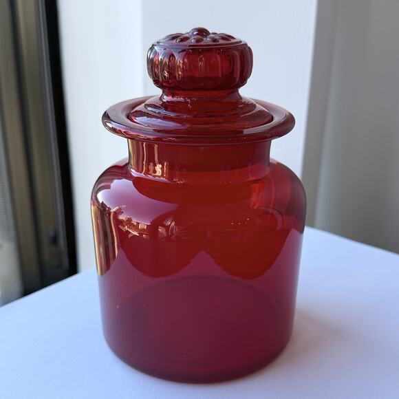 Takahashi Japan Red Glass Apothecary Canister Jar Daisy Lid 6" x 3 3/4" MCM - Picture 1 of 9